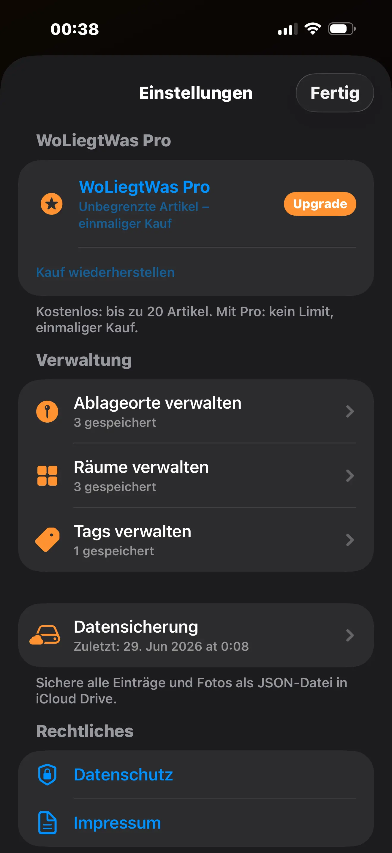 Settings and backup
